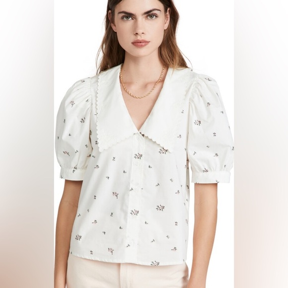 Levi's Tops - K1. Levi’s Royce Embroidered Floral White Large Collar Puff Sleeve Top Blouse